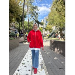 FERMUARLI FIRFIR DETAYLI SWEAT KIRMIZI
