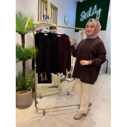 BONCUK NAKIŞLI BASİC SWEAT KAHVE