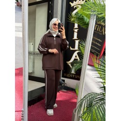 BONCUK İŞLEMELİ GENİŞ YAKA TAKIM KAHVE