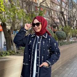 İNCİLİ TASARIM DENİM CEKET KOYU MAVİ