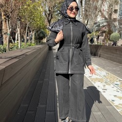 FERMUAR KEMER DETAYLI DENİM TAKIM GRİ