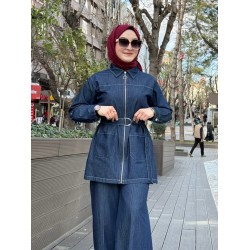 FERMUAR KEMER DETAYLI DENİM TAKIM LACİVERT