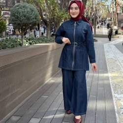 FERMUAR KEMER DETAYLI DENİM TAKIM LACİVERT