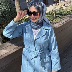 BAĞLAMALI CEPLİ DENİM CEKET AÇIK MAVİ