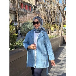 BAĞLAMALI CEPLİ DENİM CEKET AÇIK MAVİ