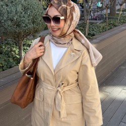 BAĞLAMALI CEPLİ DENİM CEKET BEJ