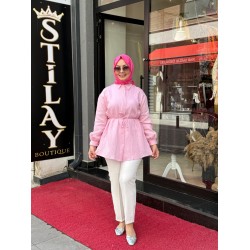 PULLU İPEK GÖMLEK PEMBE 