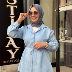 PULLU İPEK GÖMLEK BEBE MAVİ