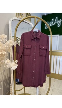 CEPLİ PÜSKÜL DETAYLI TENSEL GÖMLEK BORDO