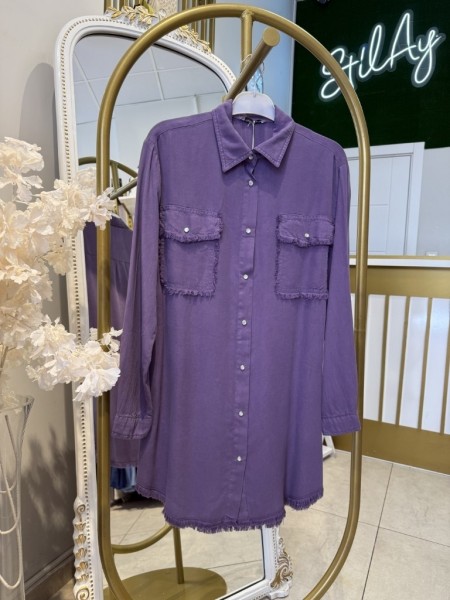 CEPLİ PÜSKÜL DETAYLI TENSEL GÖMLEK MOR