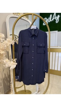 CEPLİ PÜSKÜL DETAYLI TENSEL GÖMLEK LACİVERT