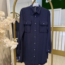 CEPLİ PÜSKÜL DETAYLI TENSEL GÖMLEK LACİVERT