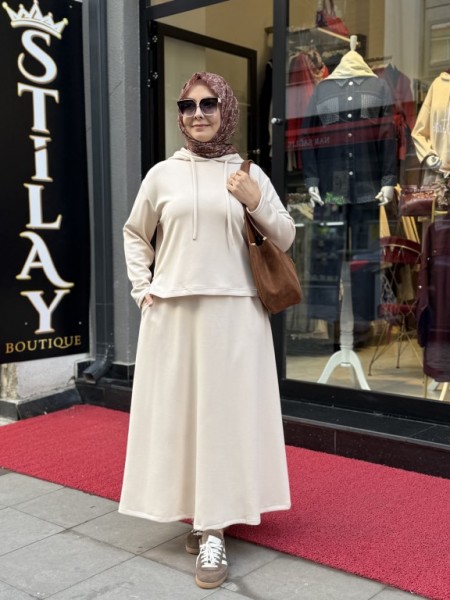 ETEKLİ KAPŞON DETAYLI MODAL TAKIM KREM 