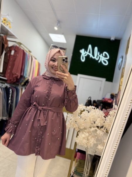 FIRFIR DETAYLI TAŞLI GÖMLEK AÇIK BORDO