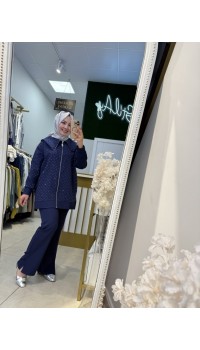 GEMİCİ YAKA TAŞ DETAYLI TAKIM LACİVERT