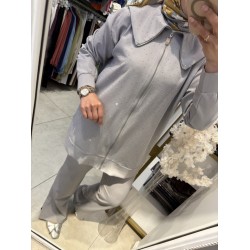 GEMİCİ YAKA TAŞ DETAYLI TAKIM GRİ