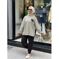 GÜL MOTİFLİ ÇİZGİLİ SWEAT BEJ 