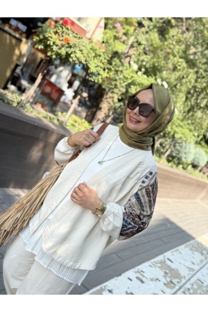 KAHVE LACİVERT PUL PAYET İŞLEMELİ KİMONO 