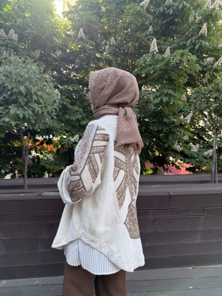 KAHVE PUL PAYET İŞLEMELİ KİMONO