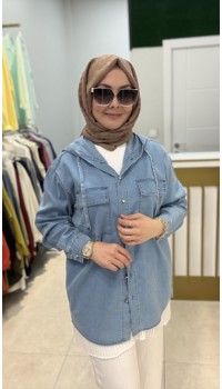 KAPŞONLU TENSEL KOT GÖMLEK AÇIK MAVİ