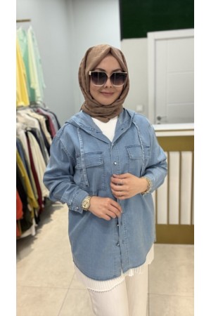 KAPŞONLU TENSEL KOT GÖMLEK AÇIK MAVİ