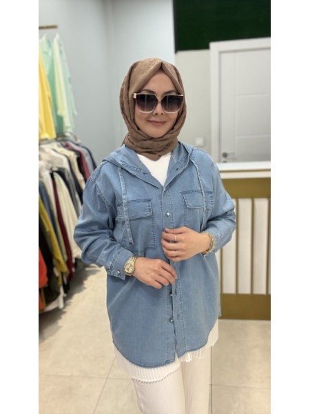 KAPŞONLU TENSEL KOT GÖMLEK AÇIK MAVİ