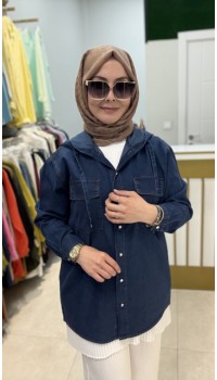 KAPŞONLU TENSEL KOT GÖMLEK LACİVERT