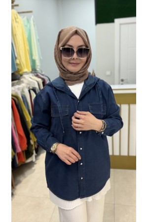 KAPŞONLU TENSEL KOT GÖMLEK LACİVERT