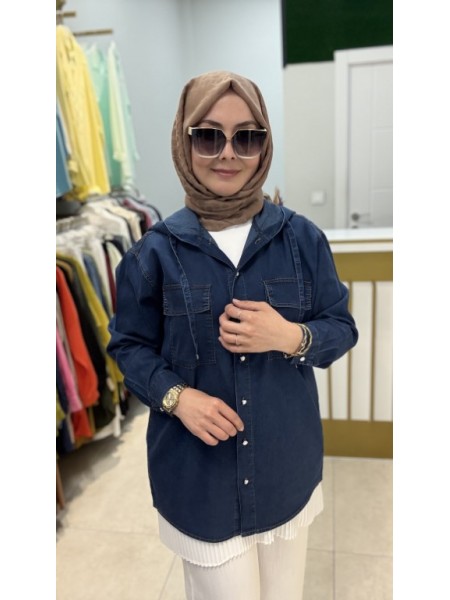 KAPŞONLU TENSEL KOT GÖMLEK LACİVERT