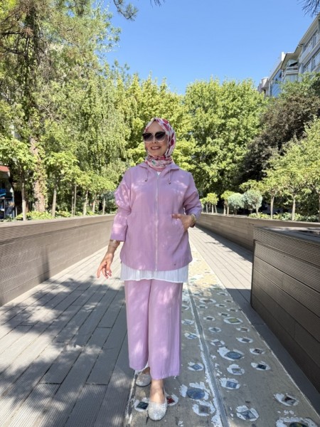 KAPŞONLU TENSEL TAKIM SOFT PEMBE 