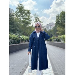 KEMER AKSESUAR DETAYLI DENİM TRENÇ KOYU MAVİ