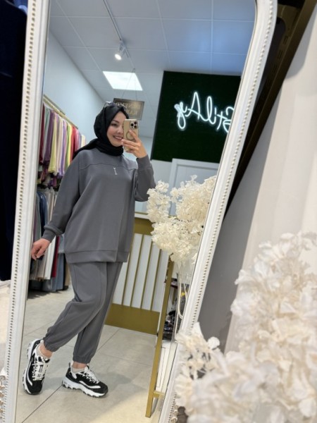 KESİK DETAYLI VE BASKILI SPOR TAKIM ANTRASİT