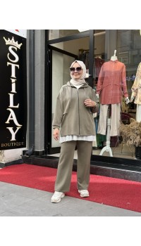 KAPŞONLU FERMUAR DETAYLI MODAL TAKIM HAKİ 