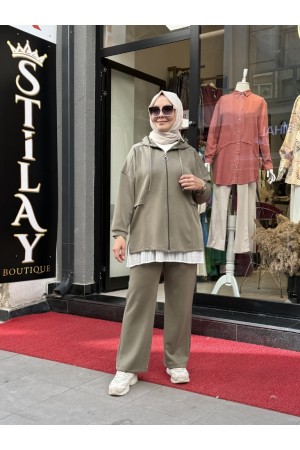 KAPŞONLU FERMUAR DETAYLI MODAL TAKIM HAKİ 