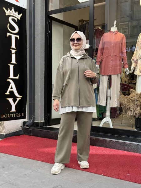 KAPŞONLU FERMUAR DETAYLI MODAL TAKIM HAKİ 