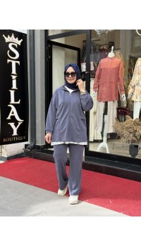 KAPŞONLU FERMUAR DETAYLI MODAL TAKIM LACİVERT