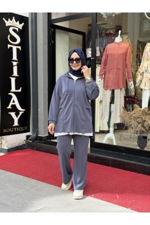 KAPŞONLU FERMUAR DETAYLI MODAL TAKIM LACİVERT