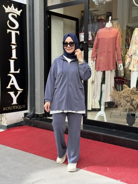 KAPŞONLU FERMUAR DETAYLI MODAL TAKIM LACİVERT