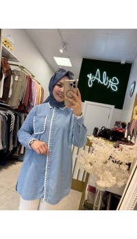 NAKIŞ DETAYLI DENİM GÖMLEK AÇIK MAVİ