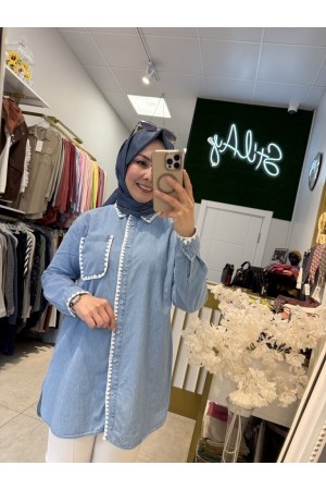 NAKIŞ DETAYLI DENİM GÖMLEK AÇIK MAVİ