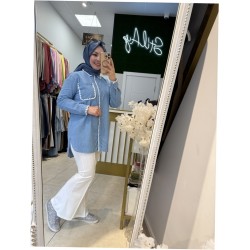 NAKIŞ DETAYLI DENİM GÖMLEK AÇIK MAVİ