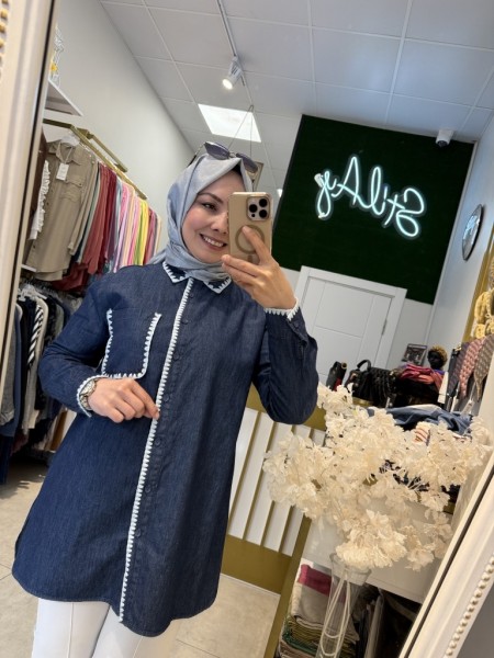 NAKIŞ DETAYLI DENİM GÖMLEK KOYU MAVİ