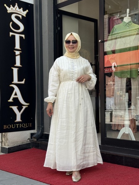 NERVÜR DİKİŞ DETAYLI ELBİSE EKRU