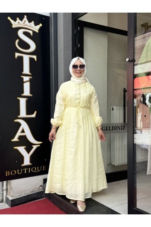 NERVÜR DİKİŞ DETAYLI ELBİSE SOFT SARI 