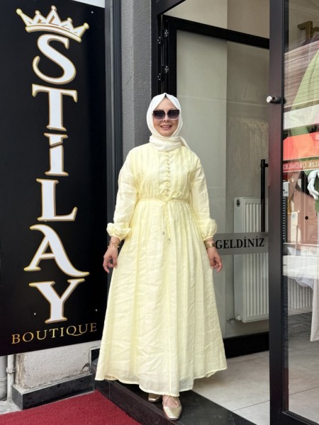 NERVÜR DİKİŞ DETAYLI ELBİSE SOFT SARI 
