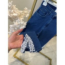 PAÇASI İNCİ DETAYLI KOT PANTOLON KOYU MAVİ