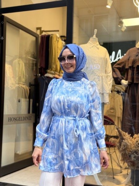 SOFİA İPEK DESENLİ GÖMLEK MAVİ