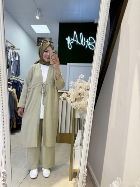 SÜS DİKİŞ DETAYLI BAĞCIKLI TAKIM SOFT YEŞİL 