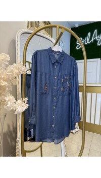 TAŞ İŞLEMELİ TENSEL GÖMLEK KOT MAVİ