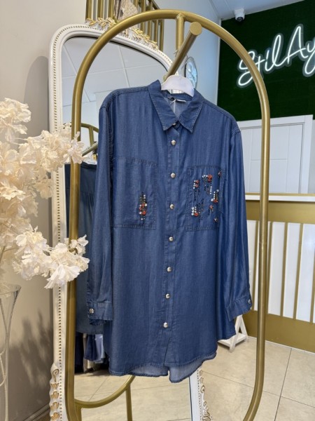 TAŞ İŞLEMELİ TENSEL GÖMLEK KOT MAVİ